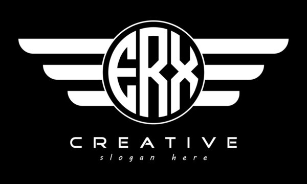 ERX three letter monogram type circle letter logo with wings vector template.