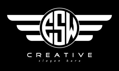 ESW three letter monogram type circle letter logo with wings vector template.
