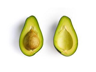 Avocado. Sliced fruit Isolated on white background. Flat lay, top view. Clipping path inside