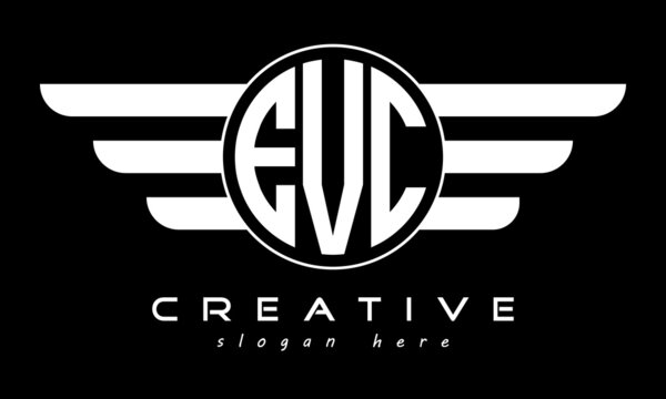 EVC three letter monogram type circle letter logo with wings vector template.