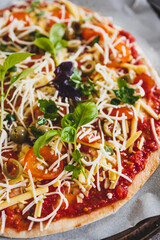 vegan homemade pizza with cherry tomatoes olives and fresh herbs topped with dairy-free cheese, healthy plant-based food
