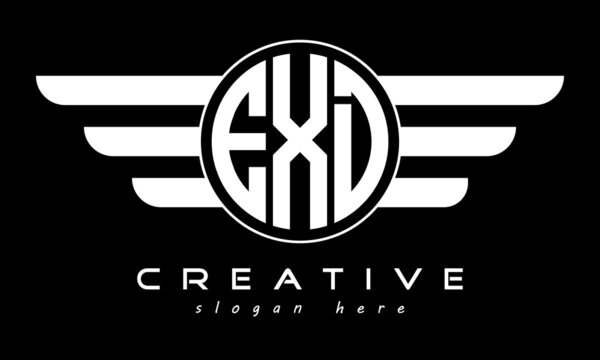 EXD three letter monogram type circle letter logo with wings vector template.