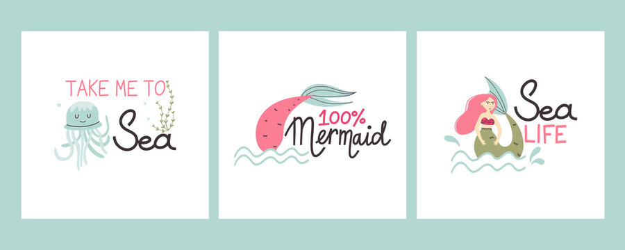 Cartoon mermaid. Cute little underwater character, princess with fish tail, adorable ocean fantasy creature, kids fairy tale girl, t-shirt print or poster, lettering set, vector isolated illustration