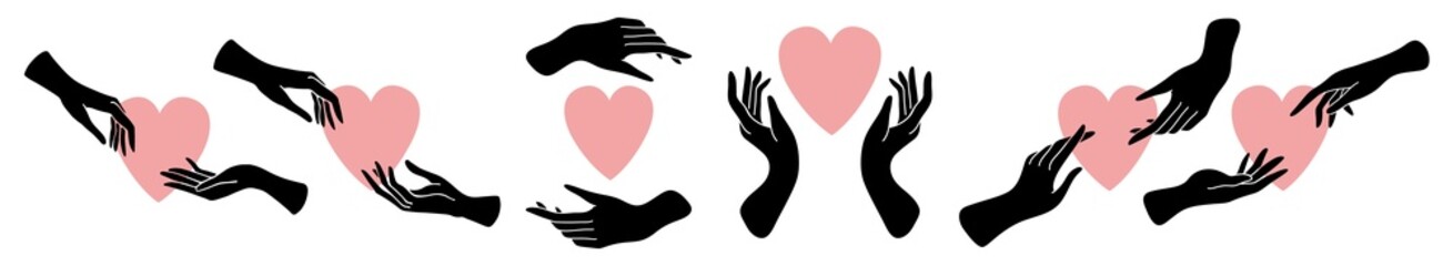 Obraz premium Hands and heart. Hands reaching for each other. Couple in love. Charity and volunteering, social support, hope, protect love concept. Happy Valentine's day. World Heart Day. Outline hands. Flat design