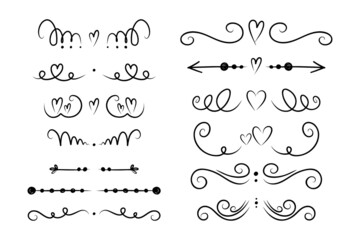Heart divider set. Hand drawn swirl line borders, hearts and love letters, romantic valentines or wedding decoration, simple style decor, vector isolated collection