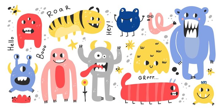 Cute monsters. Funny colorful creatures, little mutants or aliens, spooky fantasy characters, childish collection, baby nursery and textile design elements, vector cartoon flat style isolated set