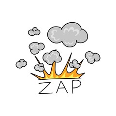 Comic explosion. Bomb explosion, meteorite fall, smoke cloud or fire flash. Atomic boom or dynamite detonation, doodle style, vector cartoon hand drawn color isolated single illustration