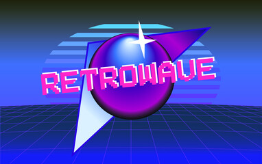 Blue and pink retrowave logo on a 1980's neon perspective grid, vector illustration