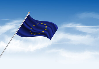 Flag of the European Union (EU) on a stick, clear sky in the background