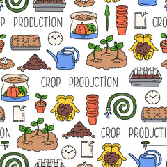 Vector colorful seamless pattern on the theme of crop production, agriculture, farming, gardening, planting. Background with symbols of nature, flora, botany