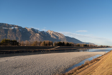 Rhine river at the swiss border from Bendern in Liechtenstein