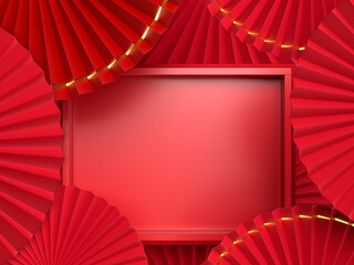 Paper fan medallion chinese new year decoration With Box Mockup. Concept of Happy Chinese New Year festival background. 3D rendering