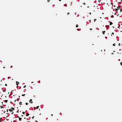Pink and black foil hearts confetti on white background with space for text.