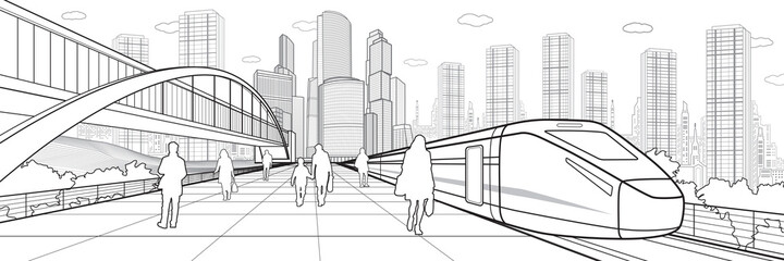 Transport infrastructure panorama, people waiting for train on railway station, locomotive move, pedestrian bridge, modern city on background, business buildings, urban skyline. Black vector outlines