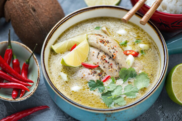 Turquoise bowl of spicy green curry with chicken thighs, selective focus, close-up, horizontal shot