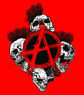 Red A anarchy symbol and four mohawk hair skulls screaming and laughing on red background. Vector hand drawn illustration in the style of punk vintage designs.