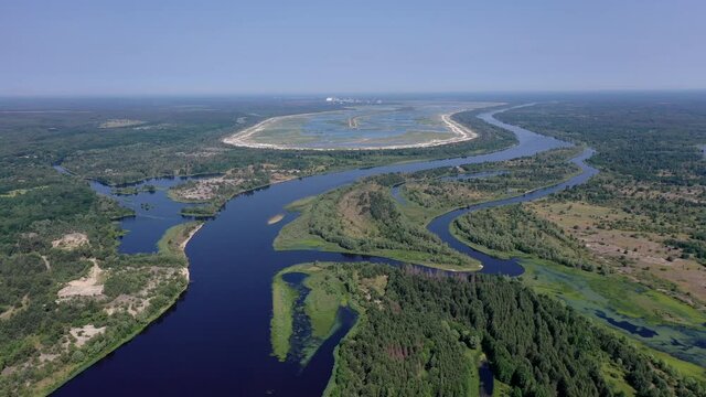 A drone view of the Chernobyl Nuclear Power Plant (ChNPP) and the Cooling pond in Chernobyl