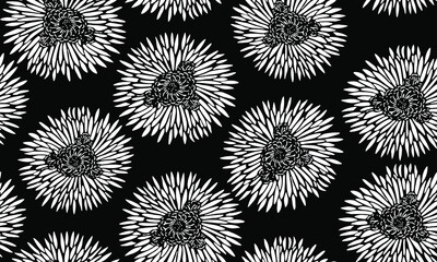 Vector black and white abstract floral seamless pattern of minimalist chrysanthemums in the style of traditional Asian and Japanese stencil textile prints.