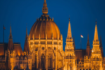 Close up photo of the Budapest parliament building at dusk