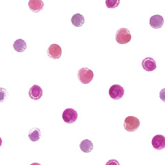 Hand-drawn watercolor seamless polka dot pattern with small circles of pink and purple. Polka dot pattern highlighted on a white background for cute baby fabric, wallpaper and paper prints.