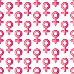 seamless pattern of bright pink female gender symbol with circle and cross on white isolated background