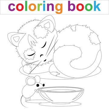 Sleeping ginger kitten and a mouse near a bowl of milk. Coloring book page template for children.