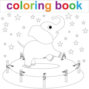 Baby elephant jumping on a trampoline. Coloring book page template for children.