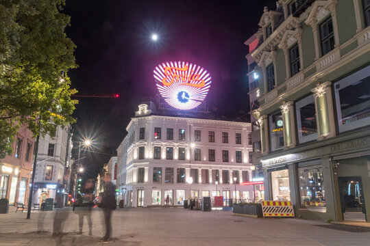 Oslo, Norway - September 24, 2021: Egertorget square in downtown Oslo Norway at night.