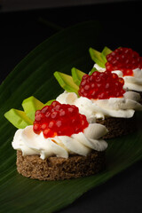 Smorrebrod. Elegant gourmet canapés with radiant red caviar atop a velvety cream, nestled on rye bread and paired with vibrant green avocado, set against a leafy backdrop.