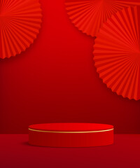 Red and line gold round podium on red chinese fan background, EPS10 Vector illustration.

