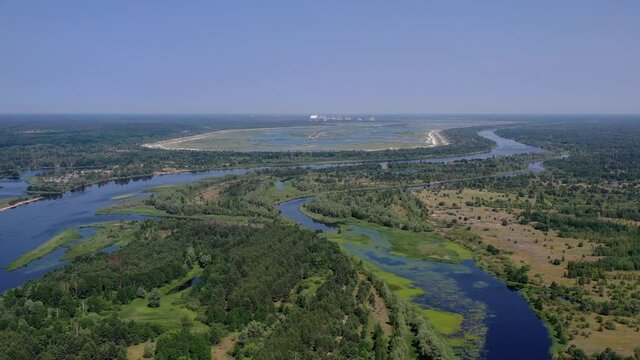 A drone view of the Chernobyl Nuclear Power Plant (ChNPP) and the Cooling pond in Chernobyl