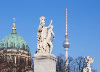 BERLIN, GERMANY, FEBRUARY - 13, 2017: The sculpture on the Schlossbruecke - Athena leads the young...