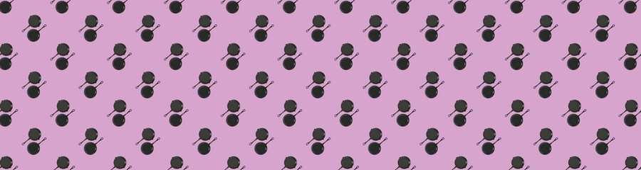 nearby are a pot with a handle and a frying pan. top view of the kitchen appliances. seamless drawing of images of dishes on a purple background. top view. Banner for insertion into site. 