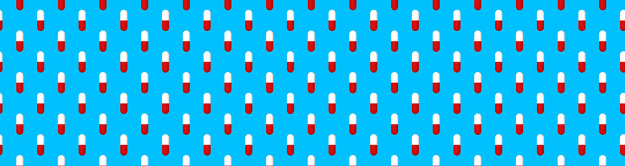 Drawing of images of medical capsules on a blue background. template for overlaying on the surface. medicine. Banner for insertion into site. 3D rendering. 3D image. seamless pattern