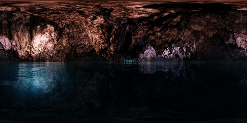 Dungeon, cave, underground lake, HDRI, environment map , Round panorama, spherical panorama, equidistant projection, panorama 360, 3d rendering