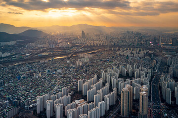 Aerial view of Jamsil area at sunset, Seoul, South Korea. - obrazy, fototapety, plakaty