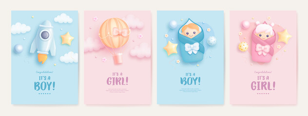 Set of baby shower invitation with cartoon baby girl, baby boy, rocket and hot air balloon on blue and pink background. It's a boy. It's a girl. Vector illustration - obrazy, fototapety, plakaty
