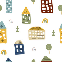 Vector seamless pattern with small houses on white background.