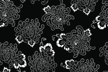 Vector black and white abstract floral seamless pattern of minimalist chrysanthemums in the style of traditional Asian and Japanese stencil textile prints.