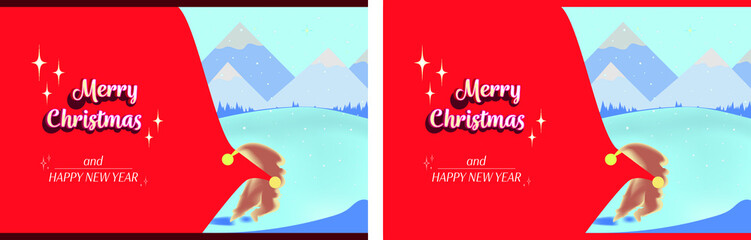  Santa Claus running with a big bag to deliver Christmas gifts in the snow.Merry christmas and happy new year card.
