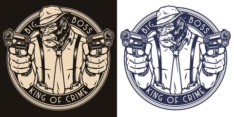 Monochrome badge with gorilla gangster