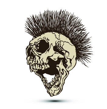 Punk screaming skull head with mohawk hair isolated on white background.