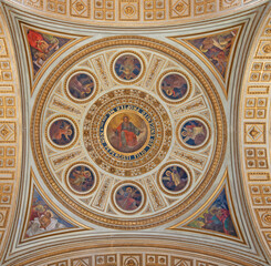 ROME, ITALY - AUGUST 31, 2021: The ceiling fresco (martyrdom of Jesus scenes and God the Father) in the side cupola in the church Chiesa del Sacro Cuore di Gesù by Virginio Monti (1852 - 1942).