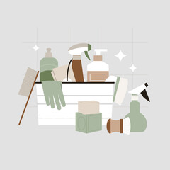 Eco cleaning supplies with cloth, brush, bucket and organic detergent bottles. Flat illustration of zero waste housekeeping products for professional cleanup.