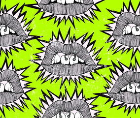 Vector black and white seamless pattern of hand drawn punk lips with piercing in the style of the of punk flyers and posters with sharp spikes bursting out on green background.