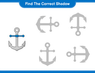 Find the correct shadow. Find and match the correct shadow of Anchor. Educational children game, printable worksheet, vector illustration
