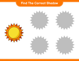 Find the correct shadow. Find and match the correct shadow of Sun. Educational children game, printable worksheet, vector illustration