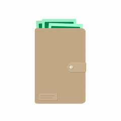 Wallet with dollars. Closed gray leather wallet on white background