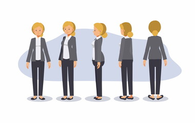 Cartoon character of formal blond hair business woman. front, side, back, 3-4 view character. flat vector illustration.