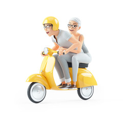3d senior man and woman riding a scooter